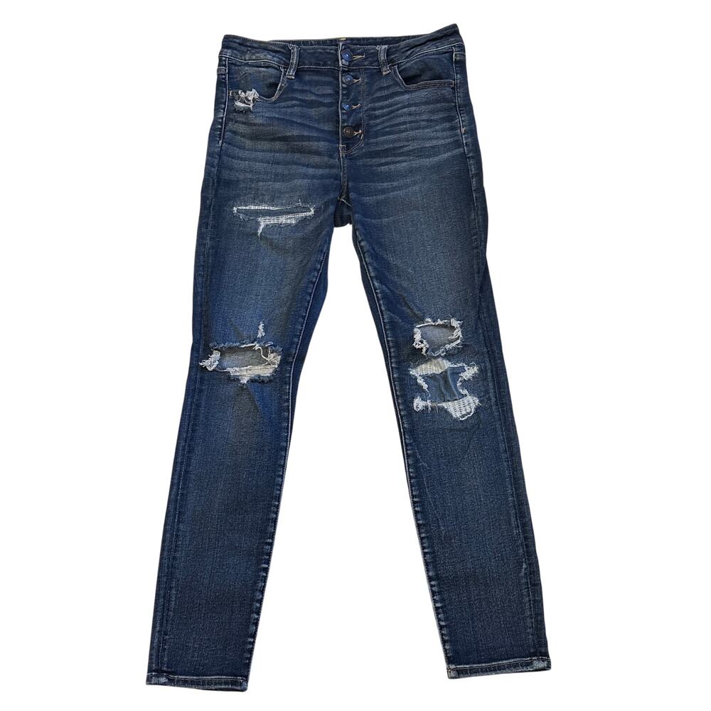 American Eagle Jeans Womens Sz 12 Blue Hi Rise Jegging Button Fly Stretch Ripped